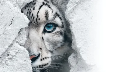 Acrylglasbilder Leopard A snow leopard camouflaged among snowy cliffs, piercing blue eyes, stealthy pose, crisp mountain air, photorealistic detail   © Asree
