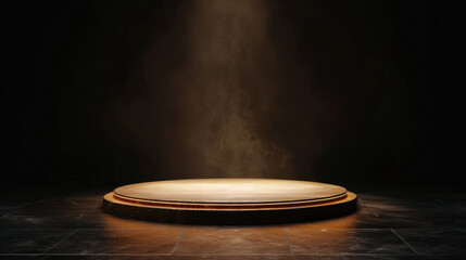 Circular wooden stage podium illuminated by soft light in dark environment, creating dramatic atmosphere. scene evokes sense of anticipation and focus, perfect for performances or presentations
