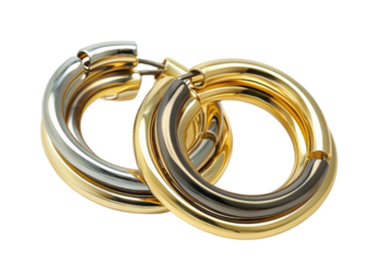 Two large, overlapping gold and silver hoop earrings