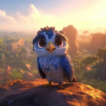 Curious Animated Bird Perched on a Rock with a Mountain Background