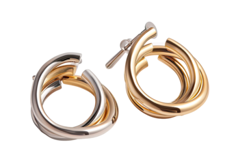 Two double-loop hoop earrings in two-toned gold and silver, showcasing intertwined, curved bands
