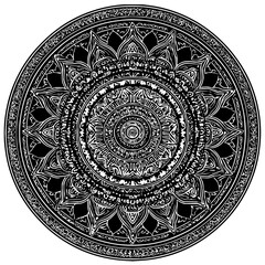 Naklejka premium Detailed black and white mandala with intricate floral and geometric patterns in a circular design art