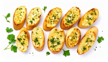 Garlic Butter Bread, Baked Baguette With Herbs. White Background. Top View.
