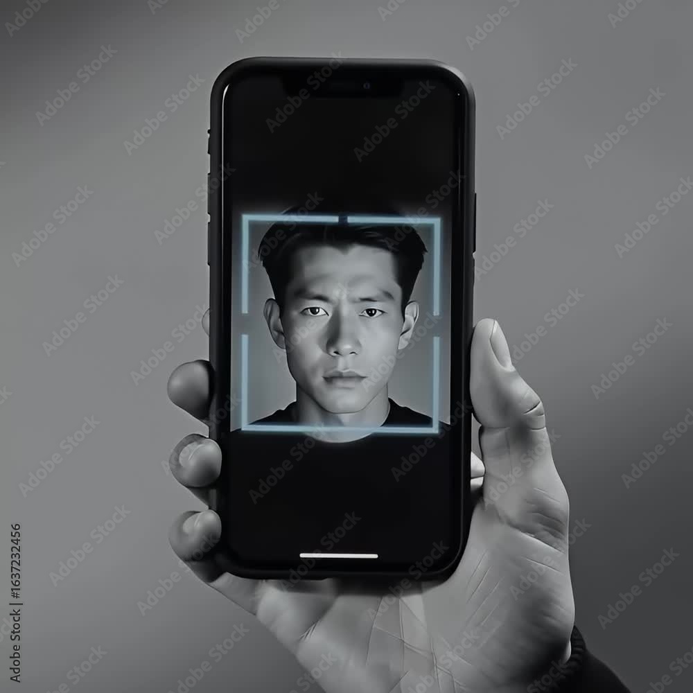 Poster man holding smartphone displaying identity verification request on screen