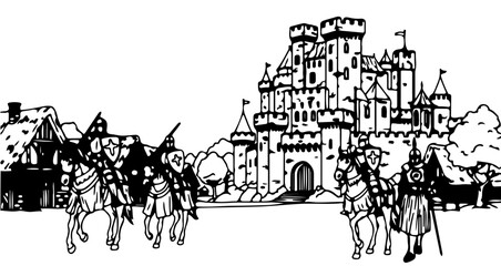 Obraz premium Medieval castle with knights on horses drawing vector illustration black and white clip art for design
