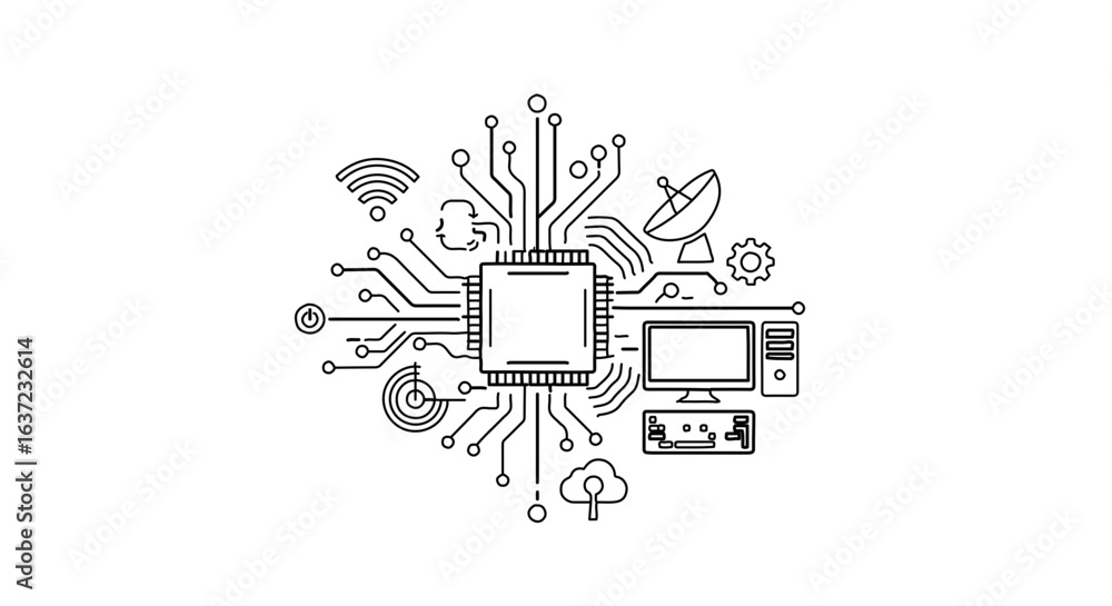 Wall mural circuit board technology concept for computer engineering and digital network connection design vect
