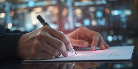 Person signing digital contract with glowing virtual pen effect, futuristic overlay