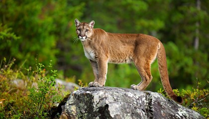 Cougar on rocky outcrop in forest