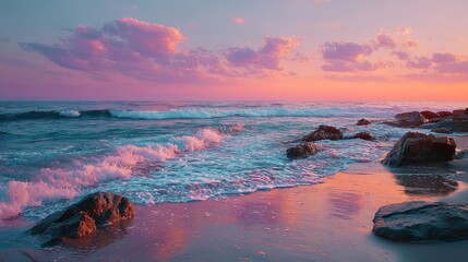  Pink and Purple Sunset Over Ocean with Stone Texture. Dramatic and Ethereal Seascape with Natural Elements.
