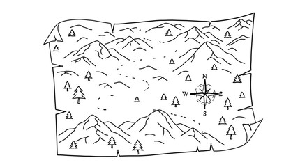 Old adventure map illustration with mountains trees and compass for treasure hunting and wayfinding design