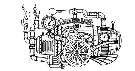 Steampunk machine drawing vector illustration of vintage mechanical device with gears and pipes design