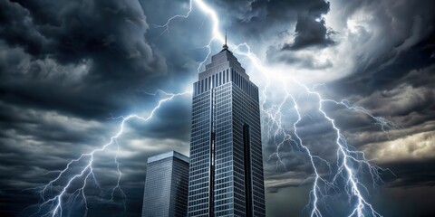 Dark grey sky with heavy clouds and lightning illuminating a modern skyscraper's peak
