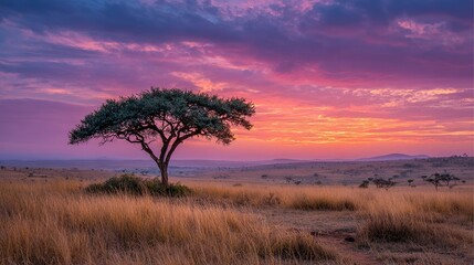 Pink and Red Sunset Over Savanna Landscape with Lone Acacia Tree. Serene and Majestic African Scenery.
