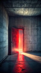 Obraz premium Abandoned space with concrete walls and an open door