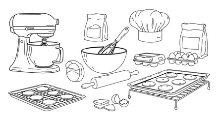 Baking illustration with mixer flour eggs and cookies for cooking and baking related designs and projects