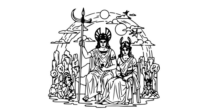 Illustration of norse mythology gods and goddesses freyr freya with celestial elements drawing art line 100