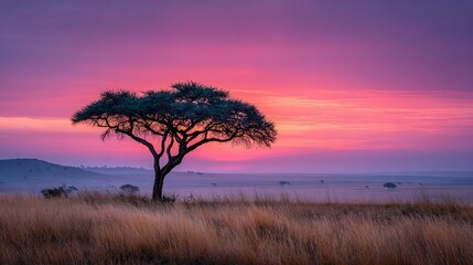Pink and Red Sunset Over Savanna Landscape with Lone Acacia Tree. Serene and Majestic African Scenery.
