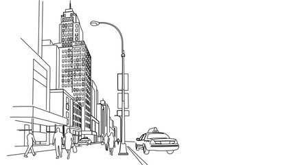 Downtown new york city street scene with taxi and pedestrians line art illustration for coloring page and design 100
