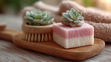 Pink and White Striped Soap on Wooden Loofah with Succulent Plant. Natural and Stylish Bathroom Decor.