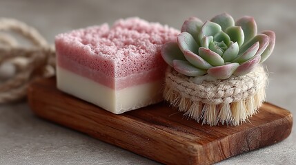 Pink and White Striped Soap on Wooden Loofah with Succulent Plant. Natural and Stylish Bathroom Decor.