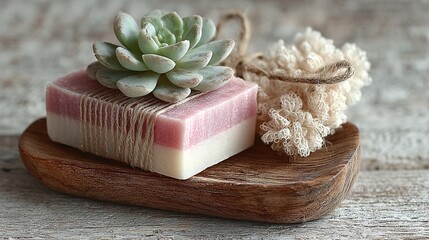 Pink and White Striped Soap on Wooden Loofah with Succulent Plant. Natural and Stylish Bathroom Decor.