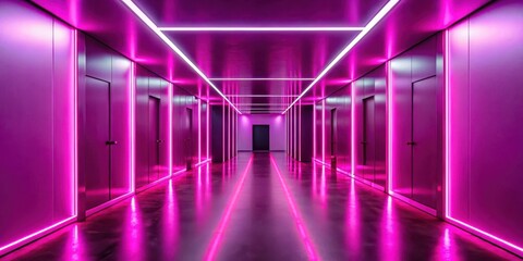 Pink Neon Lights Illuminate Modern Interior Corridor