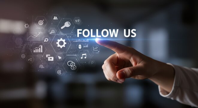 Digital Follow Us: A close-up shot of a hand touching the phrase Follow Us, with various digital icons in the background, depicting a user's engagement with the digital word. 