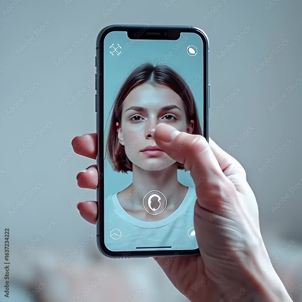 Poster woman using smartphone for identity verification request on screen
