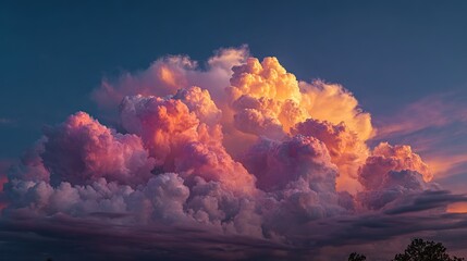 Pink and Yellow Cloud Explosion in a Blue Sky. Vibrant and Ethereal Celestial Display.