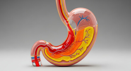 A detailed anatomical model of the human stomach, showcasing its internal structure and layers.