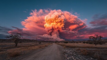 Pink and Yellow Cloud Explosion in a Blue Sky. Vibrant and Ethereal Celestial Display.