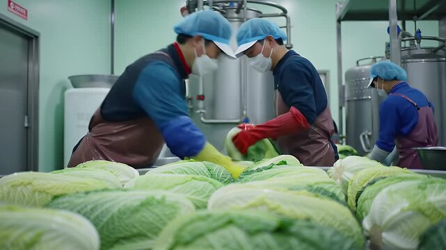 Kimchi Fermentation Plant Interior with Workers Preparing Cabbage in Protective Gear