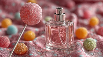 Pink Candy Lollipop Perfume in Clear Bottle on Dotted Background. Sweet and Feminine Fragrance with Playful Design