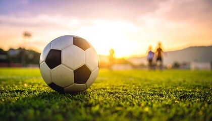 Soccer ball on a grassy field at sunset.  Blurred figures of players in the background