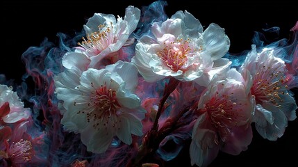  White and Pink Flowers Exploding with Vibrancy Against a Dark Background. Dynamic and Colorful Floral Display.