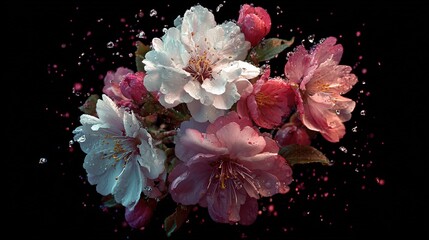  White and Pink Flowers Exploding with Vibrancy Against a Dark Background. Dynamic and Colorful Floral Display.