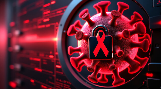 HIV Virus concept ,Red virus locked inside digital safe symbolizes protection against HIV virus, conveying urgency