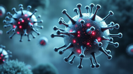 HIV Virus concept ,Surreal floating virus made of glass and wires, glowing with red accents, evokes sense of intrigue