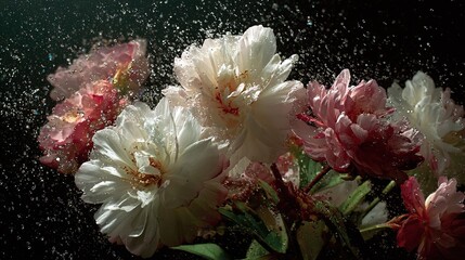  White and Pink Flowers Exploding with Vibrancy Against a Dark Background. Dynamic and Colorful Floral Display.