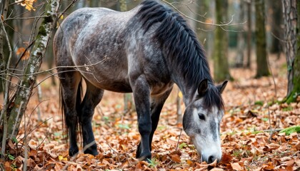 Fototapeta premium Grazing horse in a forest during autumn nature scene wildlife photography peaceful environment close-up view