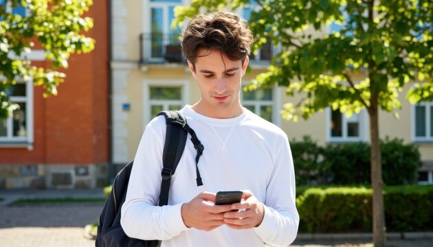 Young man engaged with mobile device urban park lifestyle image daytime casual viewpoint