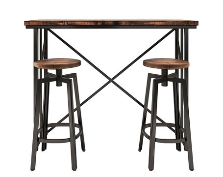 Dark wood and metal bar table with two stools