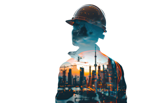 Double exposure of a worker in hard hat, cityscape behind