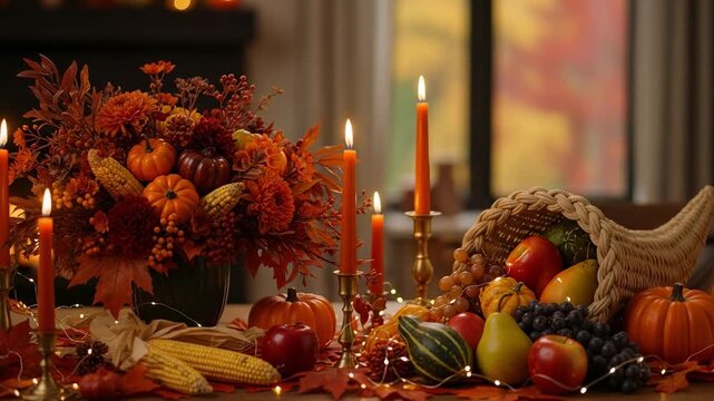 Festive Thanksgiving table with a cornucopia of abundance and an autumn floral arrangement. Warm candlelight illuminates a traditional harvest celebration.