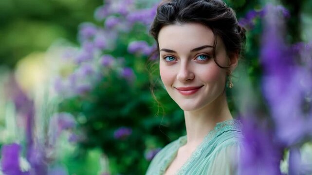 Beautiful serene woman portrait in lush purple garden with gentle smile and kind eye