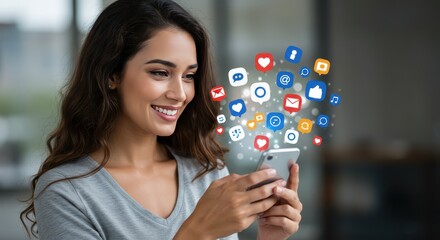Social Connection: A vibrant portrait of a smiling woman engrossed in her phone, surrounded by colorful social media icons.
