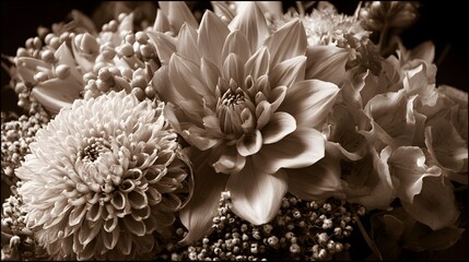 Close-up view of a sepia-toned flower bouquet.