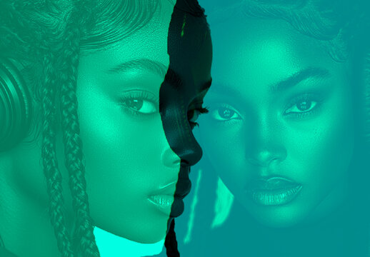 Teal And Black Neon Double Exposure Portrait Overlay Photo Effect