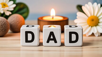 Dad word blocks with burning candle and flower for fathers day celebration
