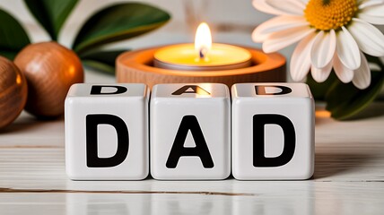 Dad word blocks with burning candle and flower for fathers day celebration
